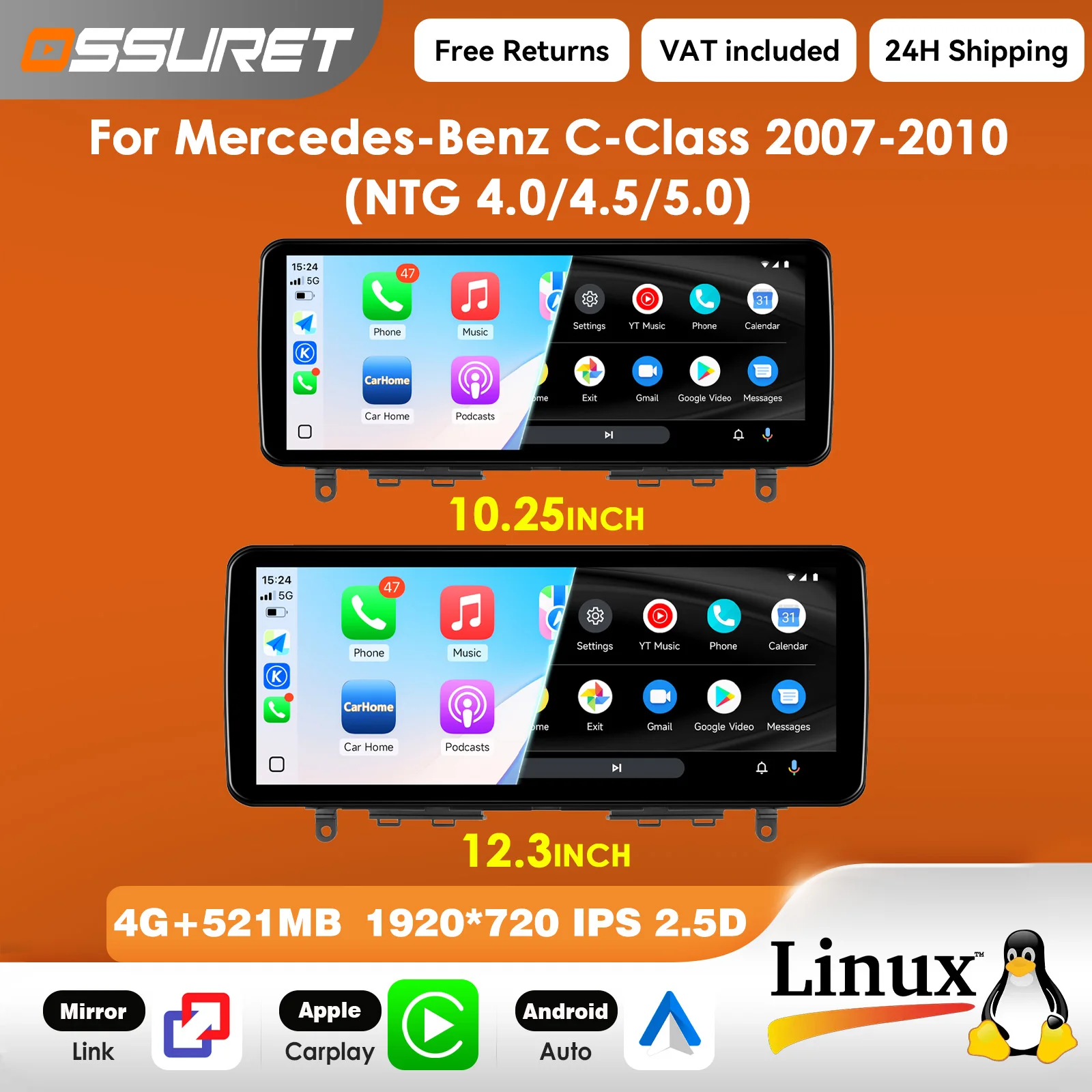 12,3-Zoll-Carplay-Linux-5.4-Autoradio für Mercedes-Benz C-Klasse S204 S205 W204 W205 2007 - 2019 NTG 4.0 4.5 5.0 Multimedia-Videoplayer T113-i Dual-Core USB BT Mirror Link 10,25"-Bildschirm