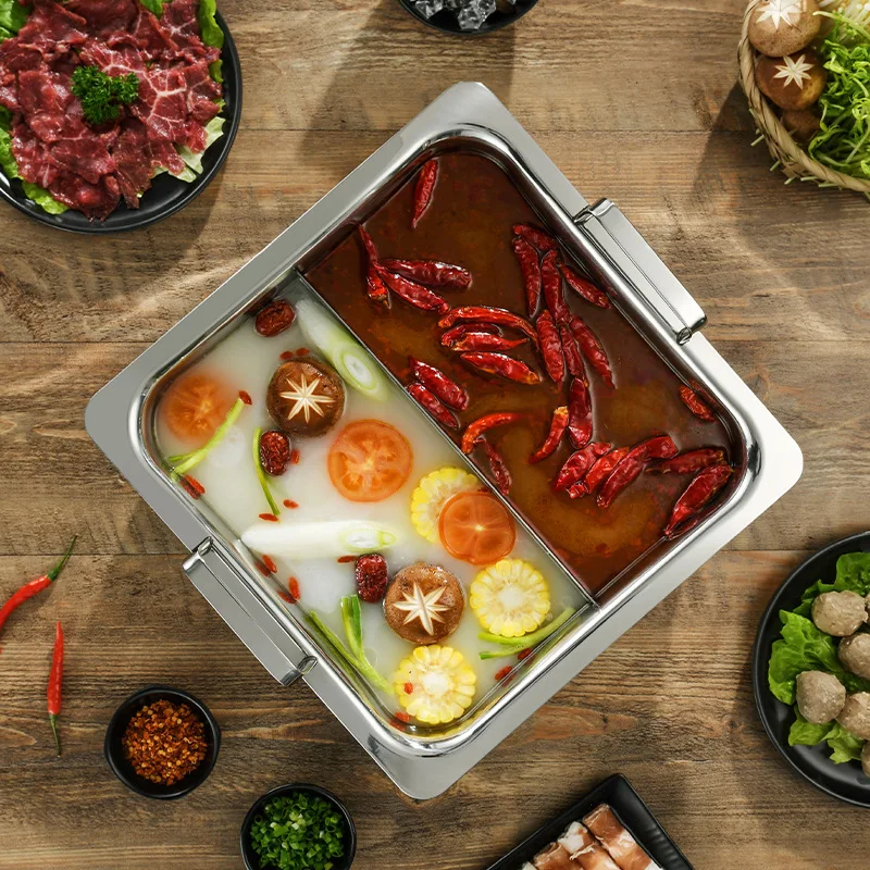 Stainless steel Yuanyang pot thickened square large-capacity hot pot pot merchants use induction cooker two-flavor pot.