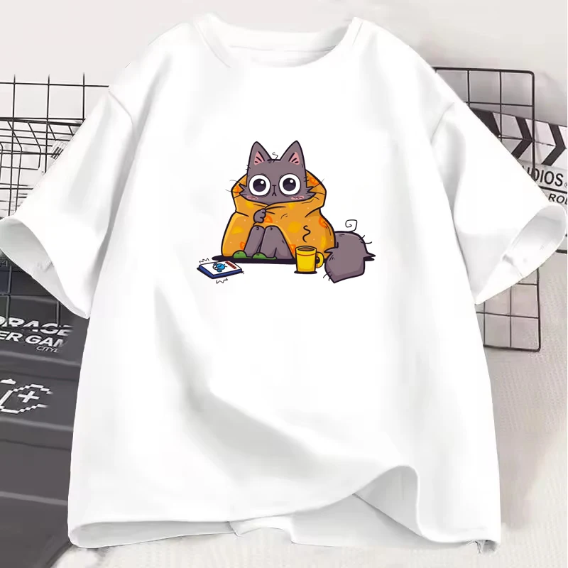 

Cat Wrapped in a Cotton Blanket Print Unisex Tee I Woke Up Letter Pattern Men Women T-shirts Fashion Casual Couple Clothing Tops