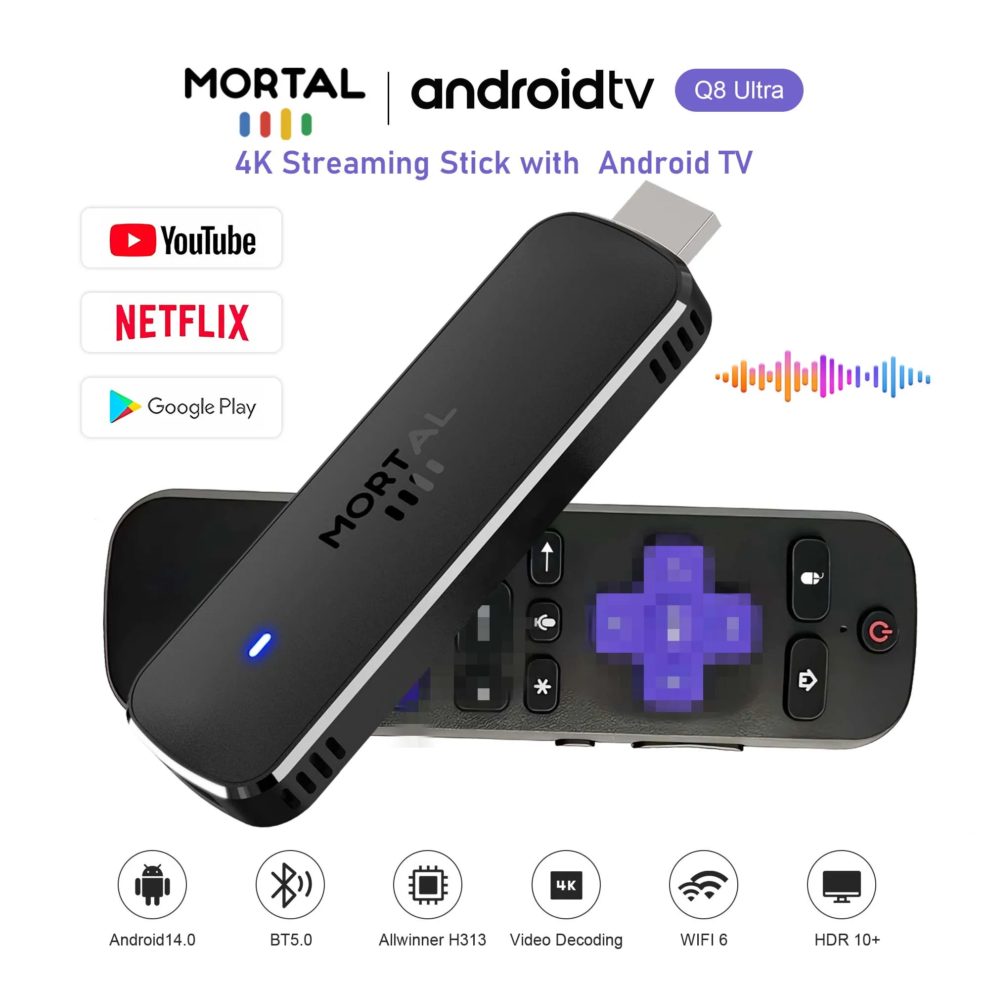 جهاز Mortal Android 14 TV Stick Q8 Ultra رباعي النواة Allwinner H313 Cortex A53 CPU واي فاي 6 جهاز تحكم عن بعد صوتي ذكي يعمل بنظام Android TV Stick TV Dongle