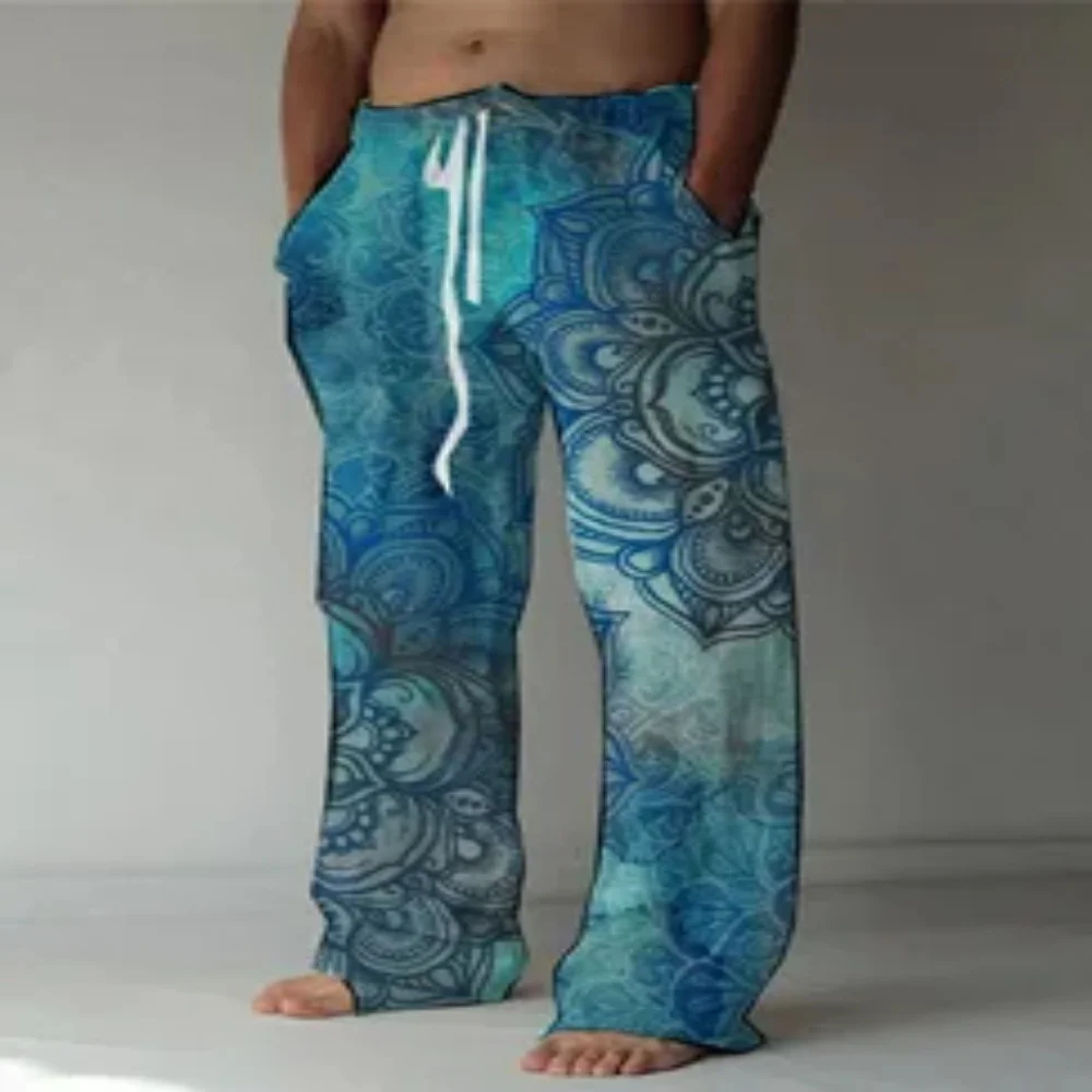 سراويل صيفية كاجوال عصرية للرجال موديل 2025 بأرجل مستقيمة، سراويل شاطئ عصرية وقابلة للتنفس بطباعة فنية زرقاء ثلاثية الأبعاد #4