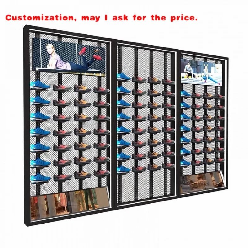 

custom.Led Lighting Metal Shop Hanging Display Shoe Store Racks Stands Shoe Sneakers Wall Shop Rack Cabinet