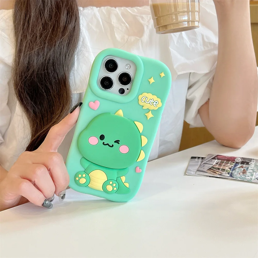 Lustige Dinosaurier-weiche Silikonhülle mit Make-up-Spiegel-Ständerhalter, 3D-Cartoon-Abdeckung für iPhone 12, 13, 14, 15 Plus, 16 Pro Max Capas – Detail 8
