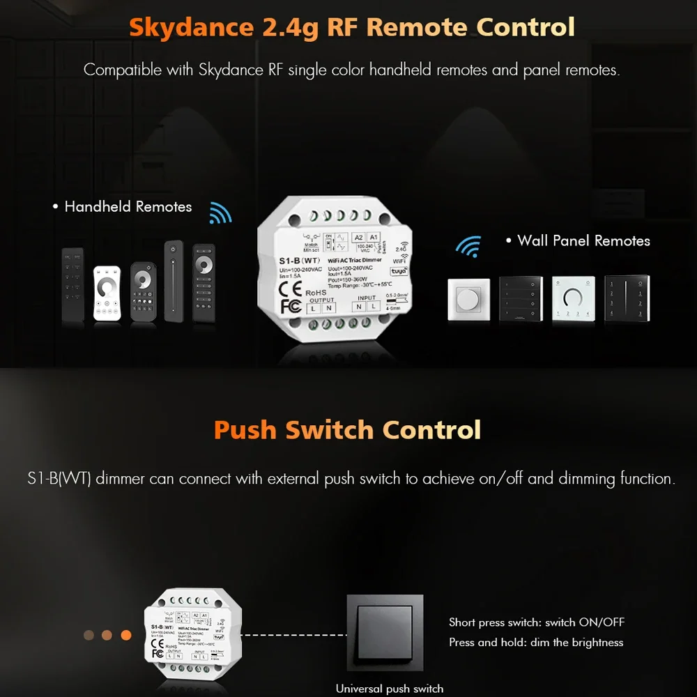 Tuya Zigbee RF AC Triac Dimmer PK1/S1-B(WT)/S1-B(WZ)/R11/RT6/TW1 LED Controller Push Switch Control Smart Life Alexa Google