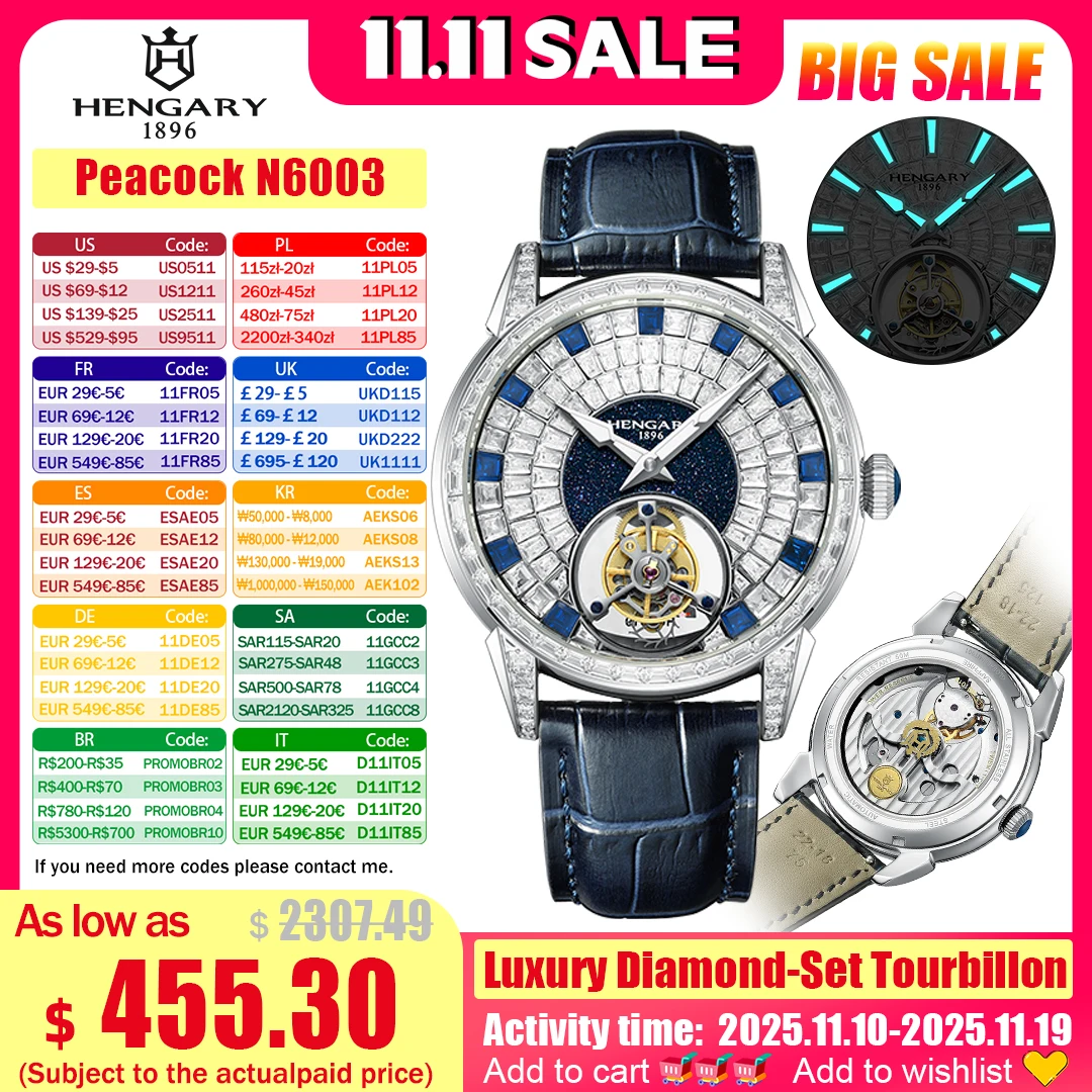 

HENGARY Luxury Sapphire Tourbillon Watch Automatic Movement Diamond set Watch Blue Calfskin Strap 5ATM 43mm Dial Zircon