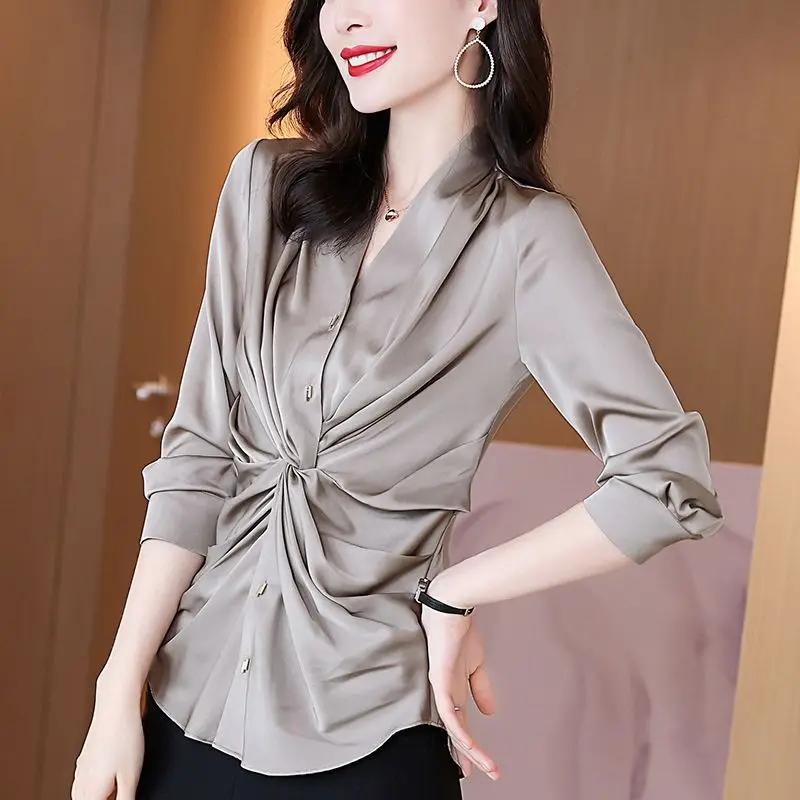 Commute Solid Color Folds Blouse Spring Autumn Fashion Slim Long Sleeve Female Clothing All-match Elegant V-Neck Button Shirt