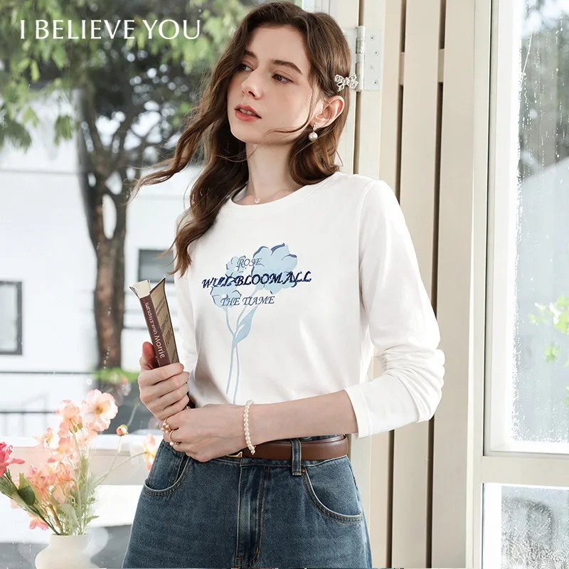 I BELIEVE YOU White Fresh Sequin Floral Print Long Sleeve T‑Shirt for Women 2026 Autumn Cotton Tee Casual Basic Tops 2263016548