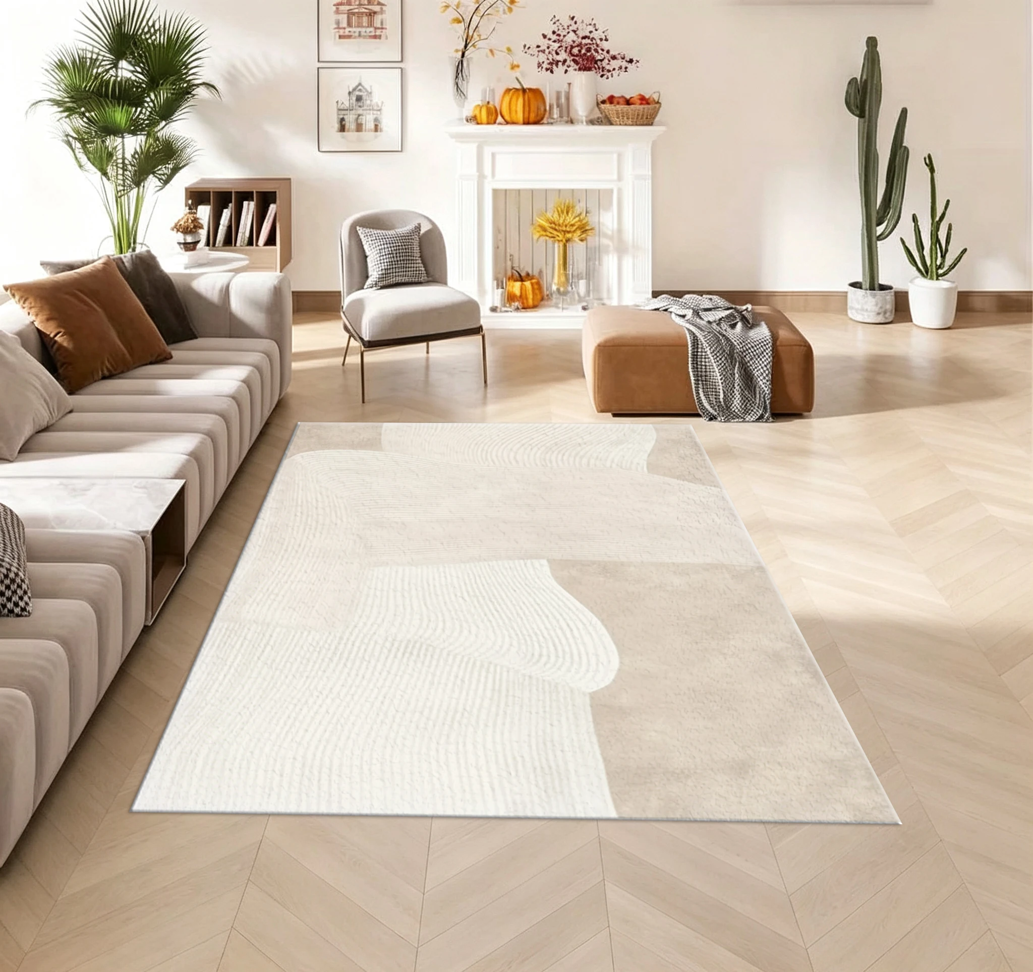 Neutral Beige Wavy Line Carpet Flooring Abstract Soft Texture Home Bedroom Living Room Area Rug