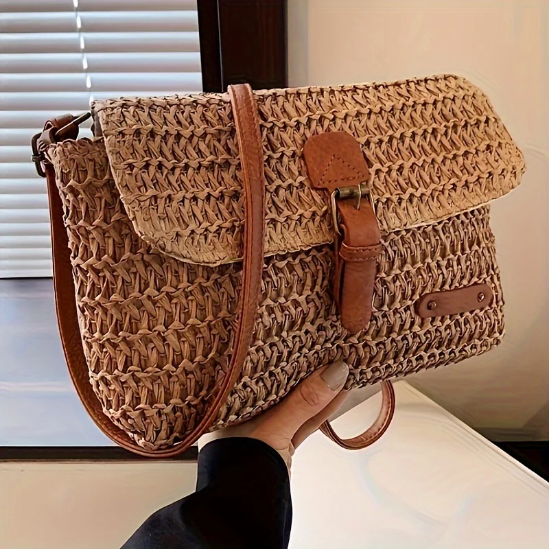 Stylish Straw Woven Crossbody Bag, Lightweight Summer Shoulder Purse with Leather Accents Perfect for Beach Casual Outing Daily