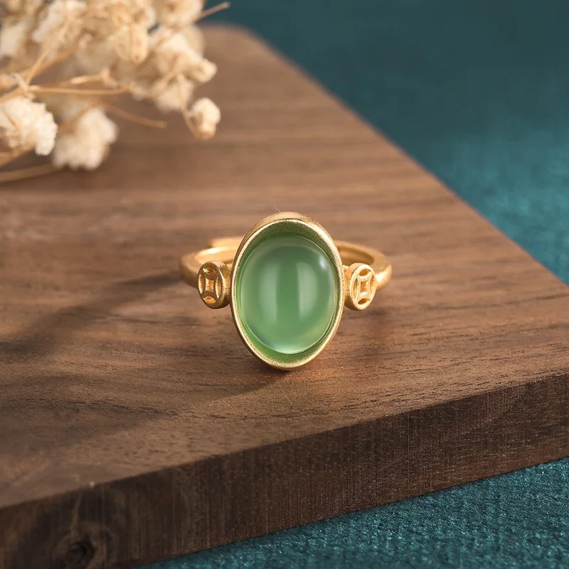 2022 New Copper Gold Plated Ingot Coin Natural Chrysoprase Green Jade Beads Ring Vintage China Style Women Rings Jewelry Gift