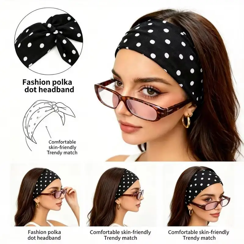 

New 2/6Pcs Retro Polka Dot Fabric Wide Hairband For Women Elegant Outdoor Wear Girls Sporty Yoga Headband