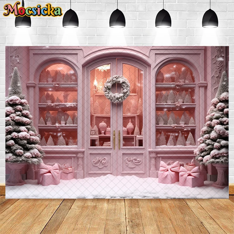 Décors de magasin de Noël rose, couronne d'arbre de Noël d'hiver, décor de vacances, fille, princesse, gâteau d'anniversaire, arrière-plans de photographie Smash