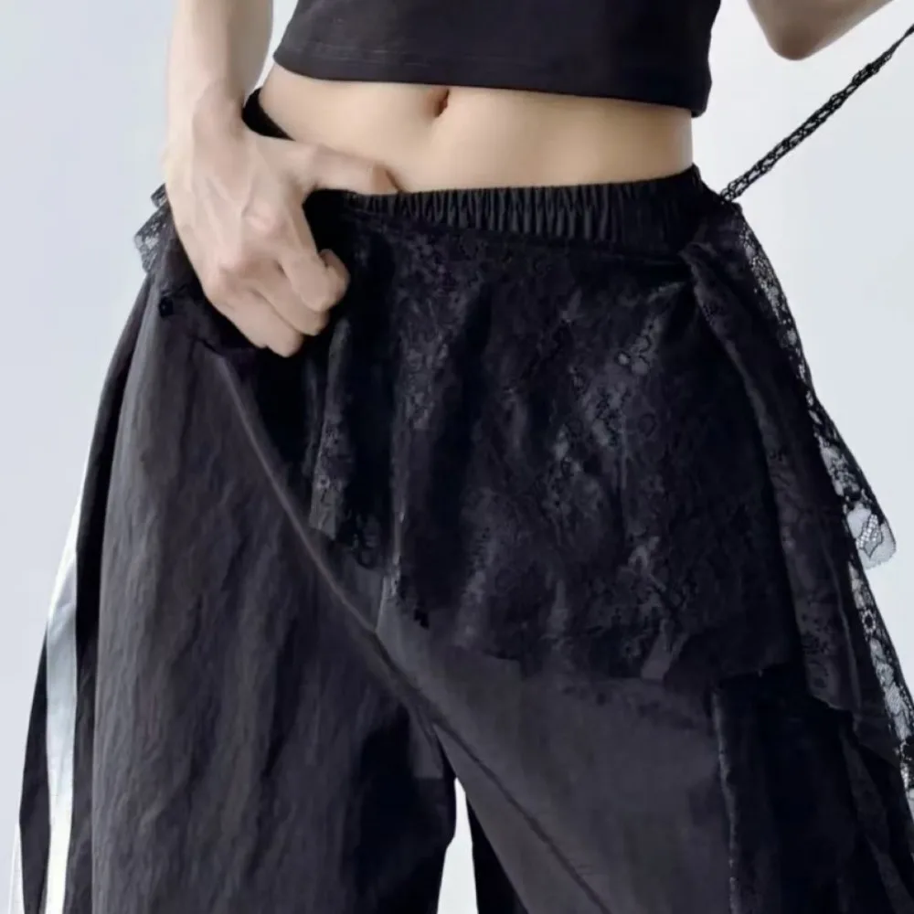 Jeans Pants Decor Embroidered Flower Lace Mini Skirt See Through Irregular Ruched Skirts Lace-up Design High Waist Butt Curtain