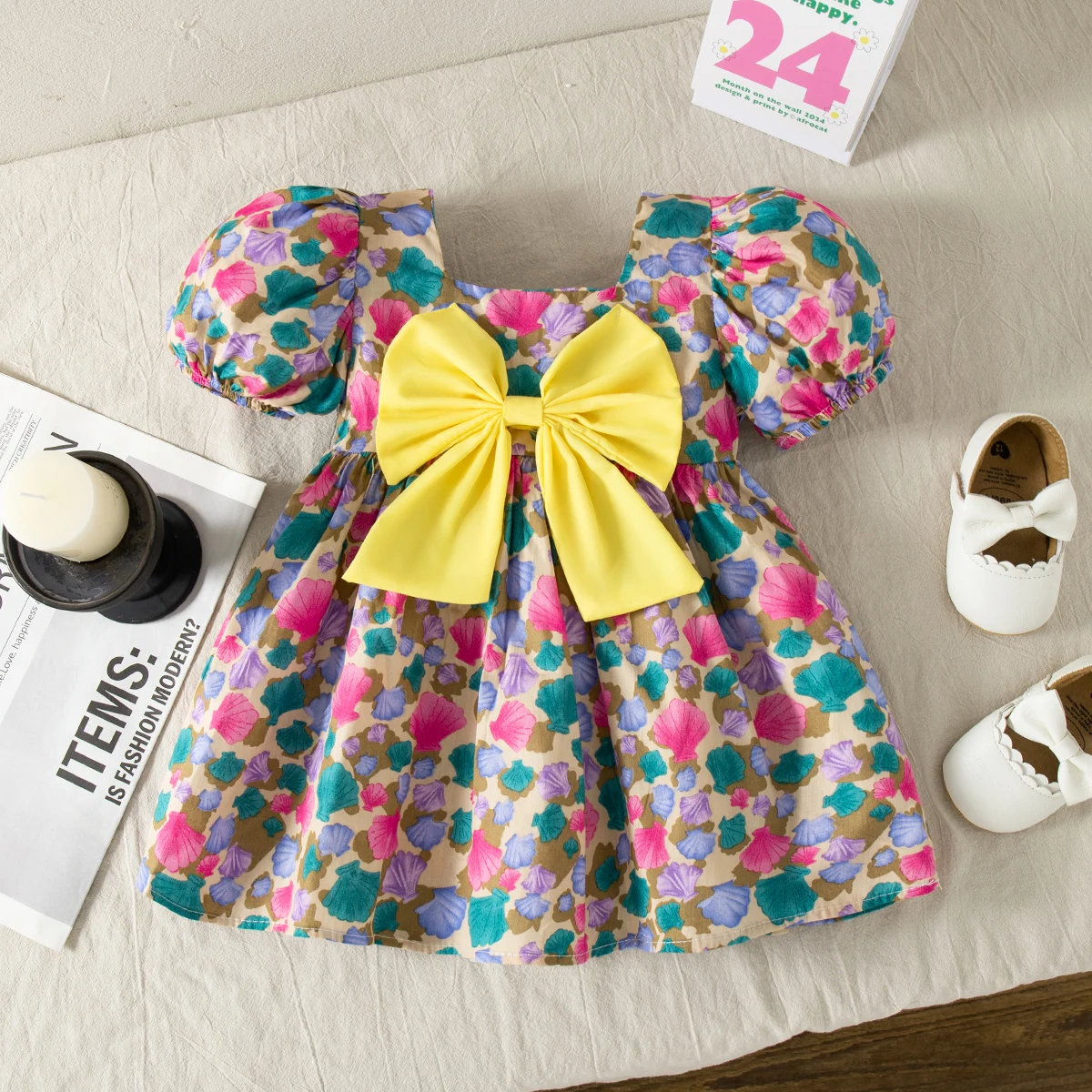 Baby Girl Dress Summer Full Printed Flower Bow Girls Dress Sweet Bubble Sleeve Girls Princess Dresses Baby Girl Clothes