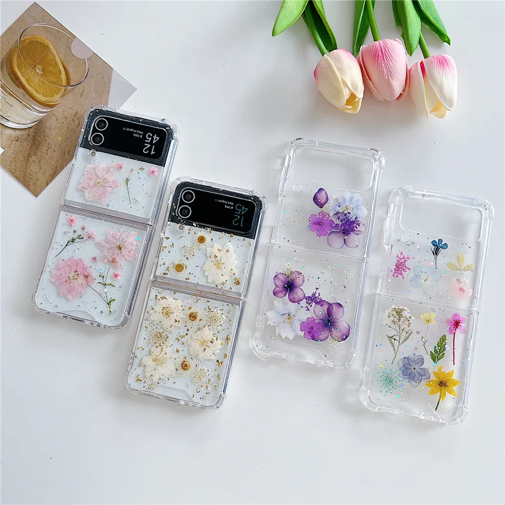 Glitter Daisy Real Flower Case For Samsung Galaxy Z Flip 5 Z Flip 4 Zflip 3 Luxury Dried Flowers Shockproof Clear Cover Fundas