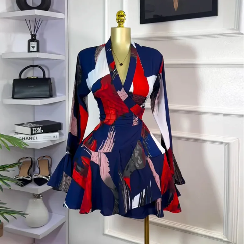 

Women Sexy V Neck Long Sleeve Plus Size Mini Dress Colorful Birthday Cocktail Dresses Design High Waist New Fashion Club Clothes