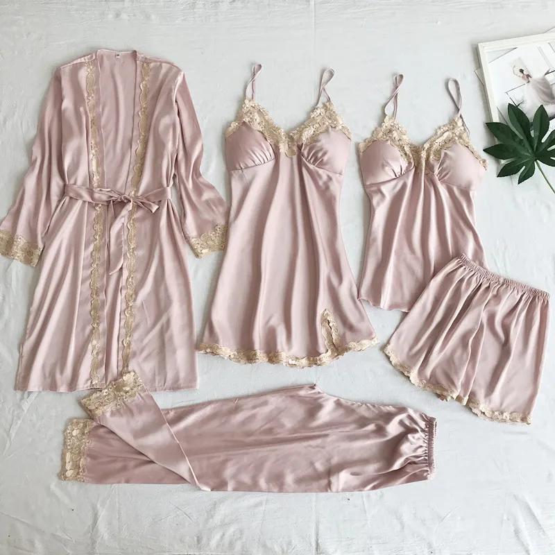 5 Pieces Silk Satin Sleepwear Set Women Sexy Lace Pajamas Nightwear Simple Leisure Homewear Night-robe Loungewear Spring Summer