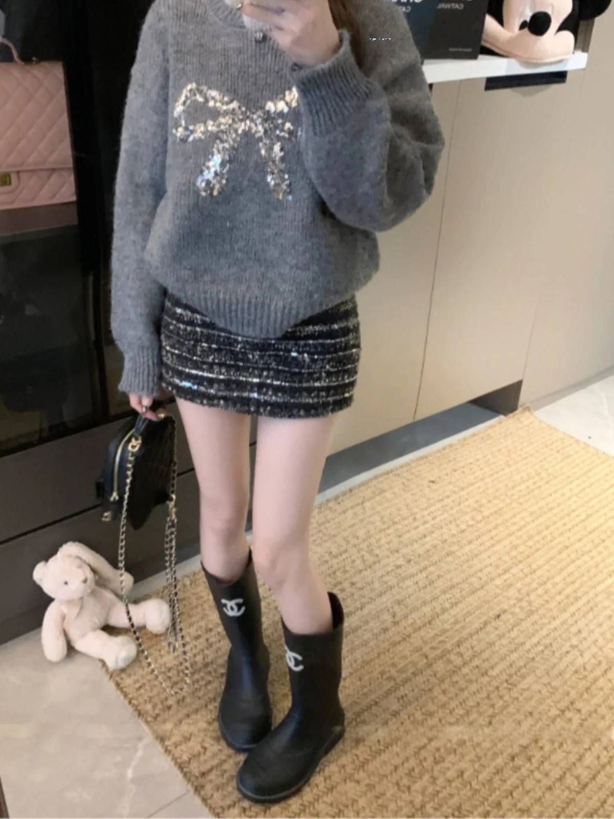 Herfst Winter Glitter Knoop Trui Hoge kwaliteit Gebreide Loose Fit Ele Long Sve ronde Ne Faion Top