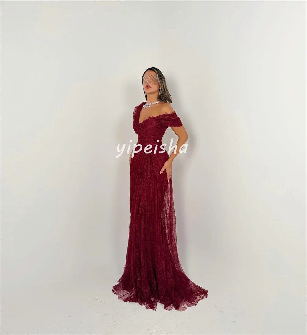 Customized Sexy Exquisite Lace Pleat Ruched A-line Off-the-shoulder Long Dresses Bespoke Occasion Dresses Sizes Available Casual