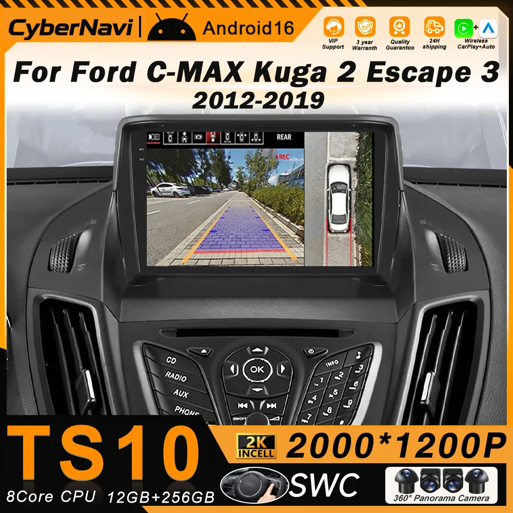 Rádio Automotivo Carplay Android para Ford C-MAX Kuga 2 Escape 3 2012 - 2019 Reprodutor Multimídia Estéreo GPS Navegação WiFi+4G Tela QLED