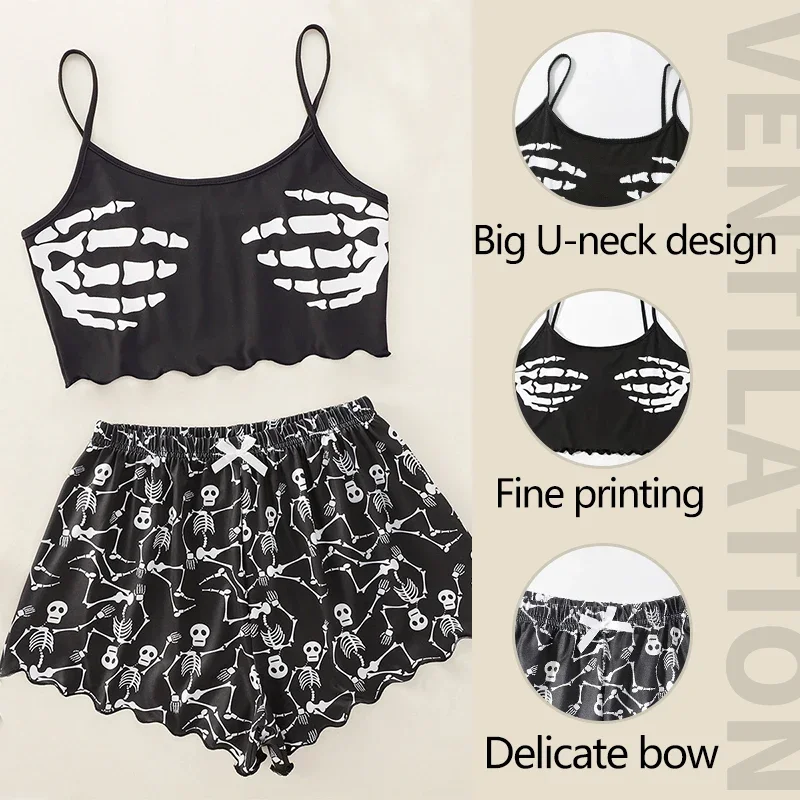 Women Sleepwear 2 PCS Pajama Set Short-Sleeved Tops and Shorts Suit Black Skull Print Ventilate Soft Comfort Loungewear