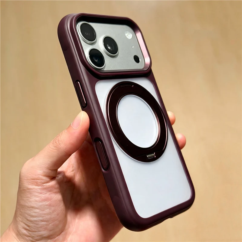 Luxury Magnetic Rotating Holder Shockproof Case For iPhone 17Promax 18Pro 17Pro For Magsafe Alloy Lens Frame Matte Hard Cover