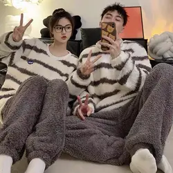 Couple Pajamas for Men Fleece Winter Sleepwear Korean Sleeping Night Wear Striped Pijama 2 Pcs Pants Sets O-neck Warm Home Suit