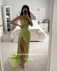 Verngo Strapless Green Pleats Prom Dresses Sexy Side Split Pleats Boning Evening Gowns Party Formal Dress Vestido de fiesta