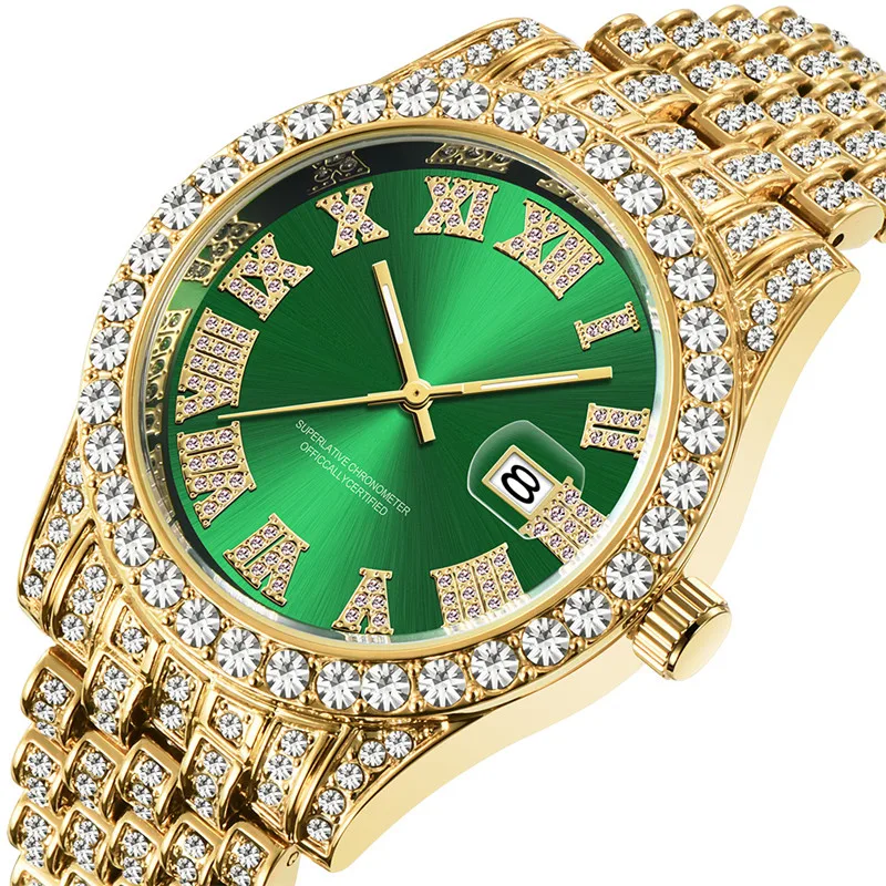 1 stk/partij Grote Merk Horloges Voor Mannen Hip Hop Diamond Luxe Gouden Mode Legering Band Datum Quartz Horloge Montres de Marque de Luxe