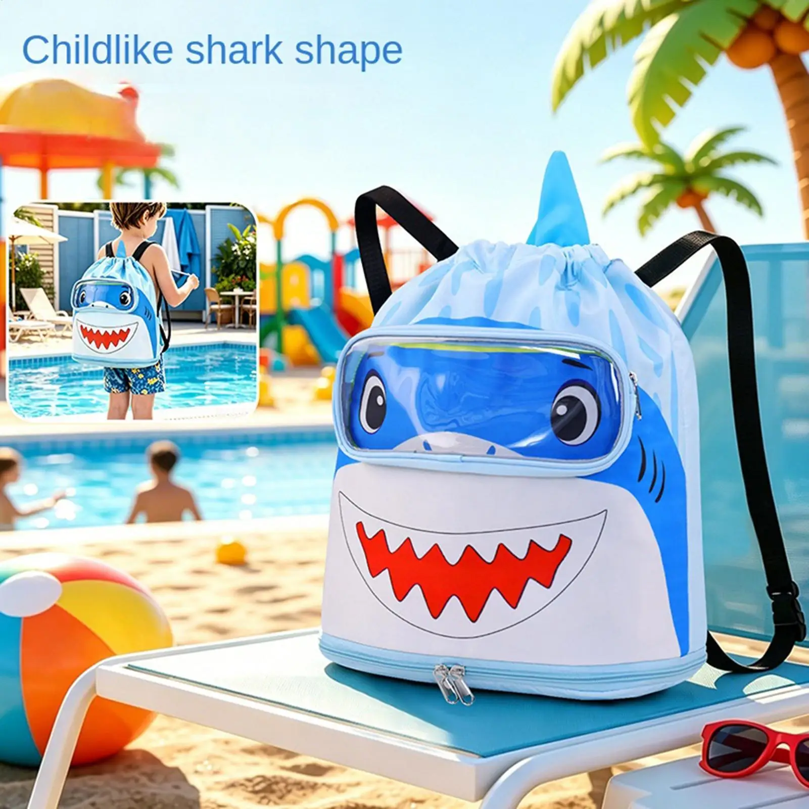 Children Beach Backpack  Cartoon Shark Large Capacity Drawstring Swim Gear Bag Kids' Shark Swimming Bag Blue Drawstring Backpack