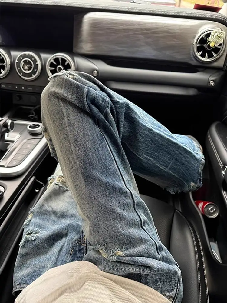 กางเกงยีนส์เดนิมทรงขาบานสไตล์เรโทรอเมริกันลายสายฟ้า สำหรับผู้ชายและผู้หญิง  แบบลำลองสำหรับคู่รัก