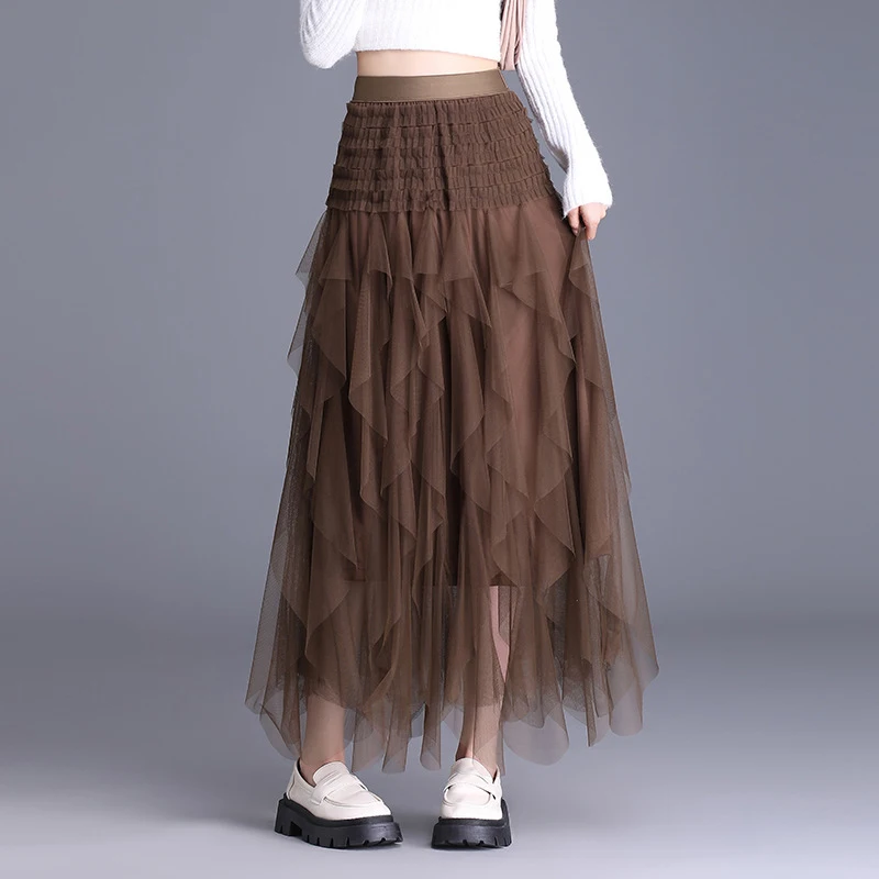OHRYIYIE Irregular Floor-Length Tulle Skirt Women Elastic High Waist Ruffles Cake Skirt Lady Long Tutu Skirt Party Clothes Femme