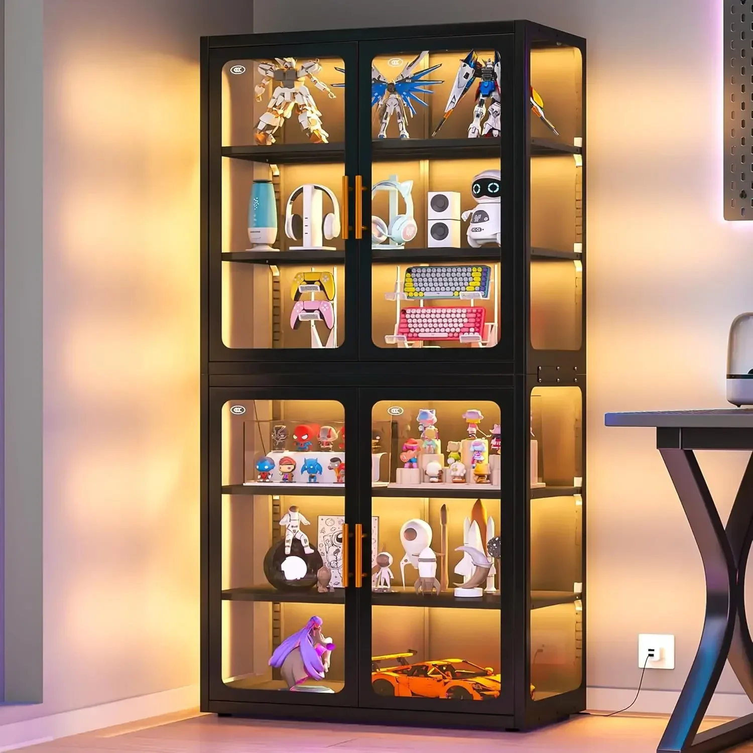 6 Tier Tall Display Cabinet With Glass Doors Adjustable Shelves Led Lights Glass Display Case For Collectibles Bookcase In Livin