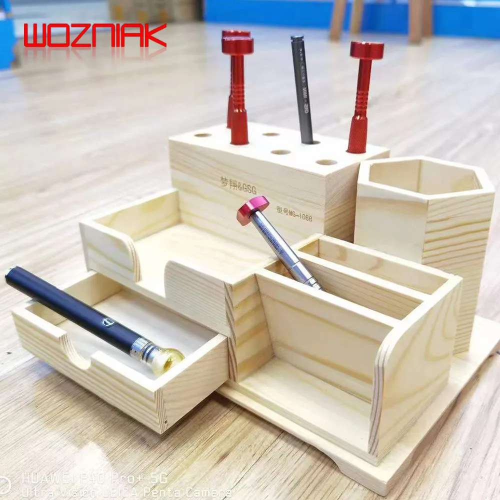 QIANLI MG-1088 Wooden Multifunctional Storage Box for Mobile Phone Maintenance Desktop Drawer / Pen Holder / Screwdriver Slot