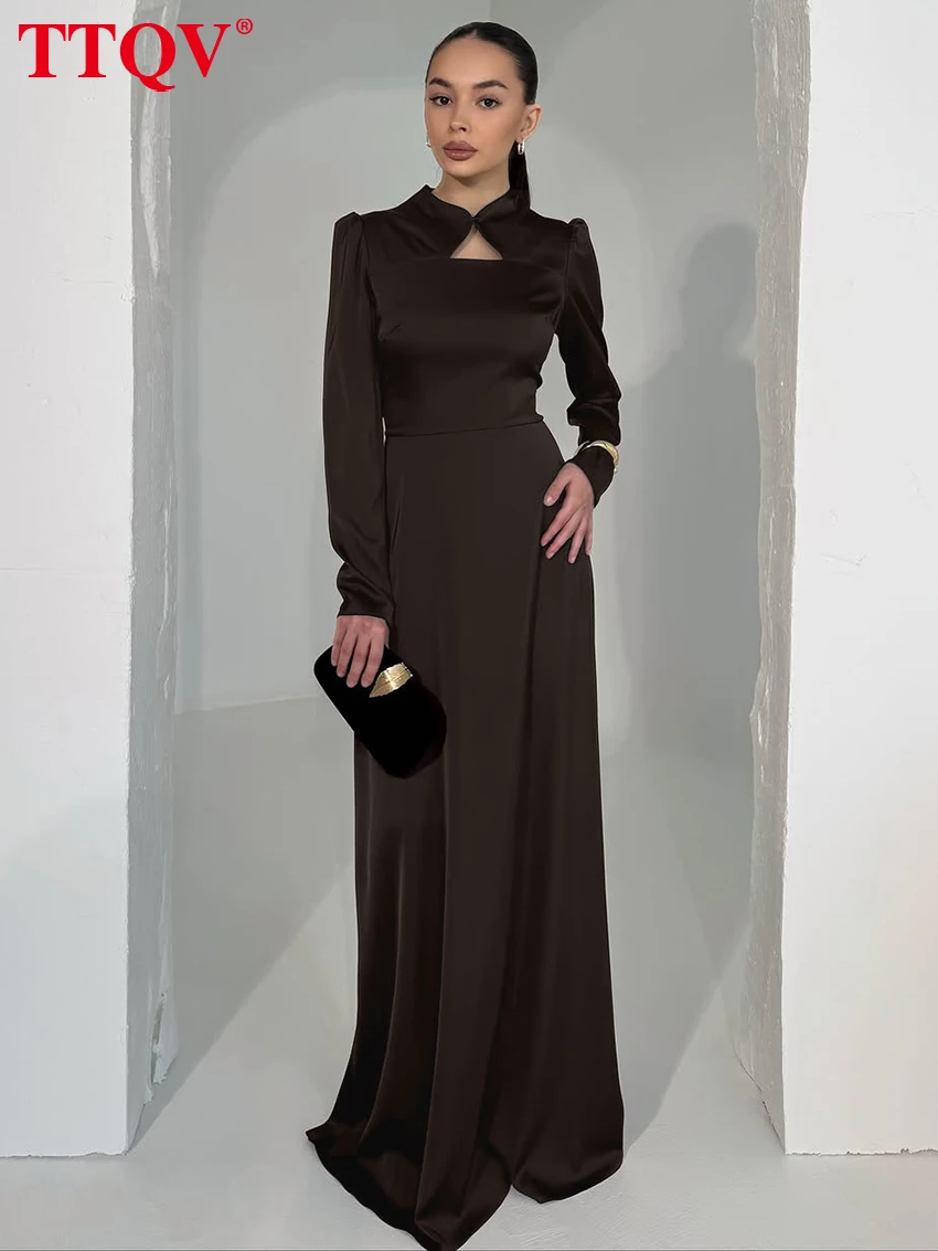 

TTQV Fashion Loose Black Satin Women's Dress 2026 Bodycon Stand Collar Long Sleeve Maxi Dresses Elegant High Waist Female Dress