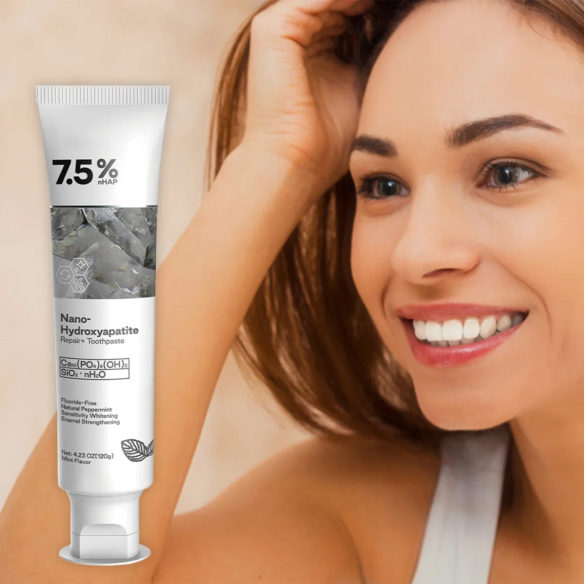 Nano hydroxyapatite fluoride free toothpaste provides advanced enamel care for teeth, whitening and brightening teeth, removing