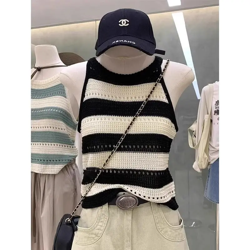 

Women Clothing Summer Fashion Casual Striped Color Blocking Halter Female All-match Fashionable Appear Thin Sleeveless Cardigan