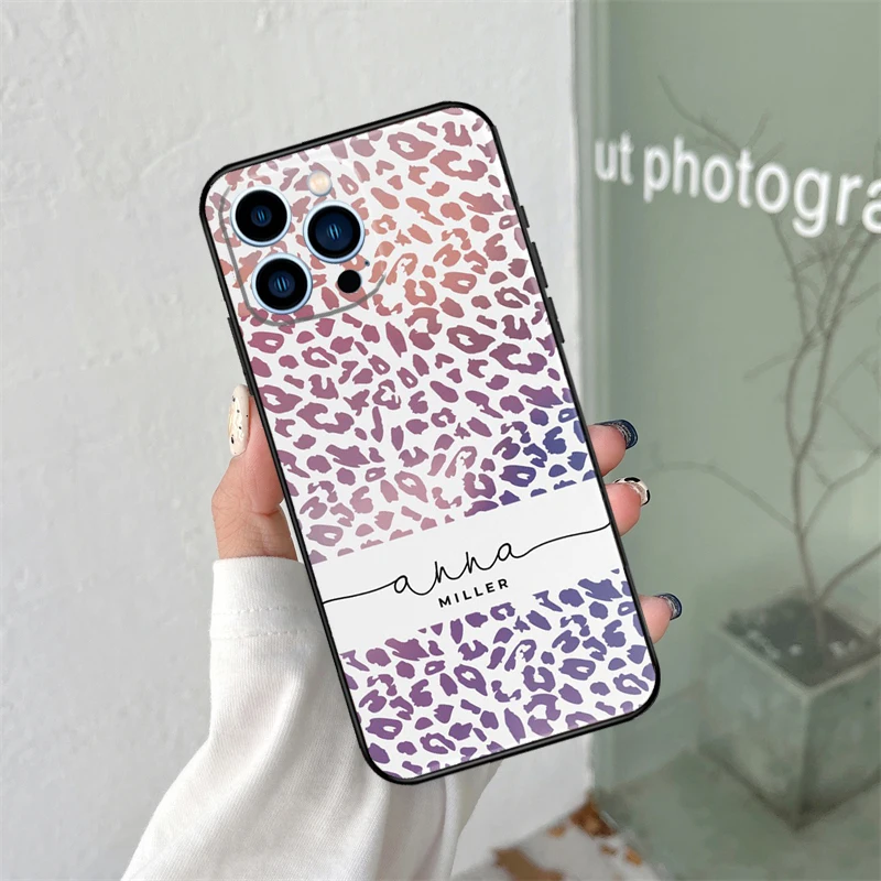 Iniciais nome de pele de leopardo personalizado para iphone 16 15 14 13 12 11 pro max xs max xr plus acessórios de capa de telefone