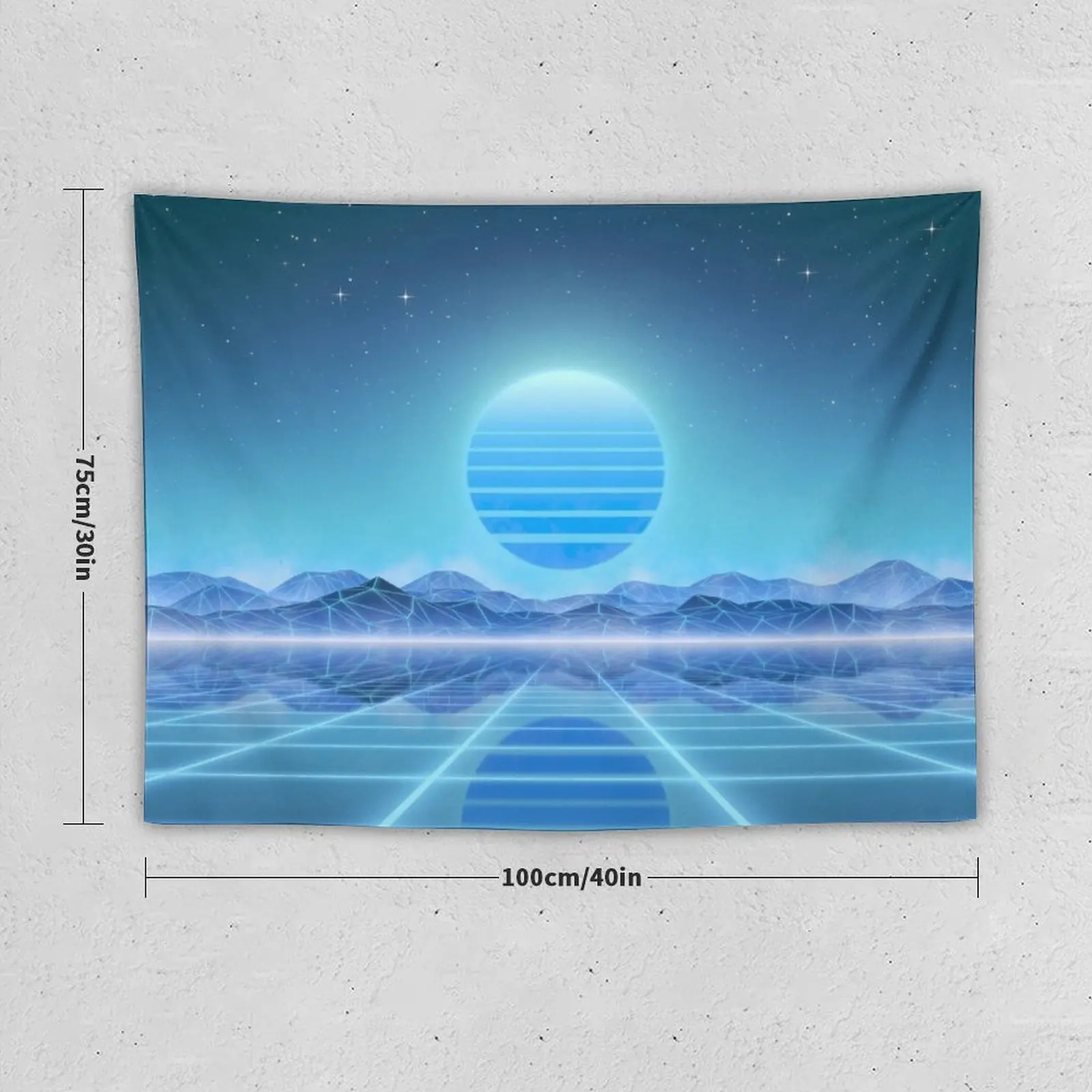 80s retro sun in synthwave landscape (Blue) Tapestry Decorative Wall Mural Art Mural Tapestry