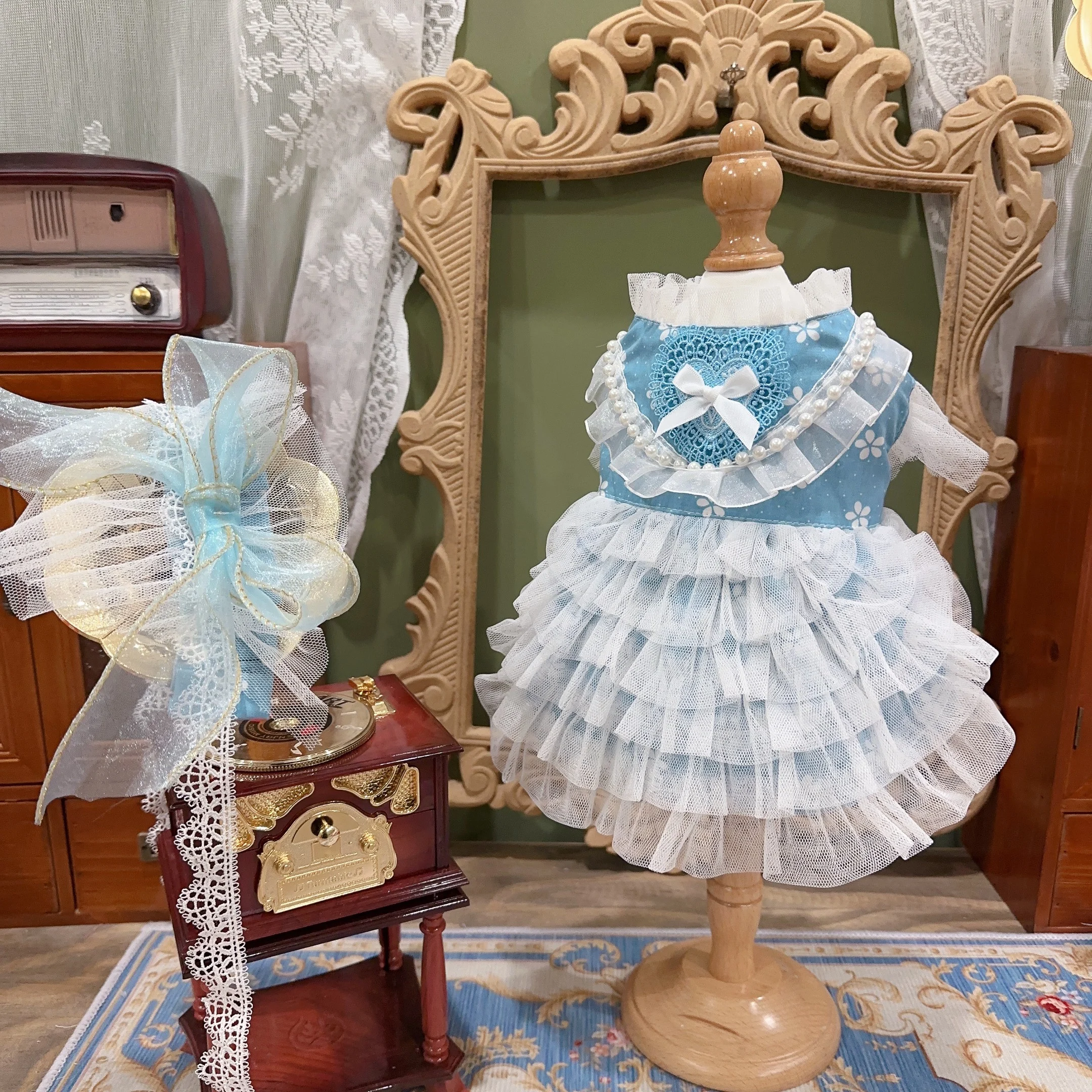 Handmade Design Pet Dog Clothes Lolita Cat Rabbit Skirt Blue Color