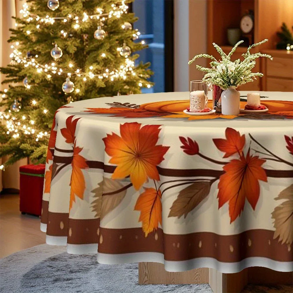 One circular tablecloth for autumn theme, featuring bright pumpkin and leaf patterns - polyester fiberxzj