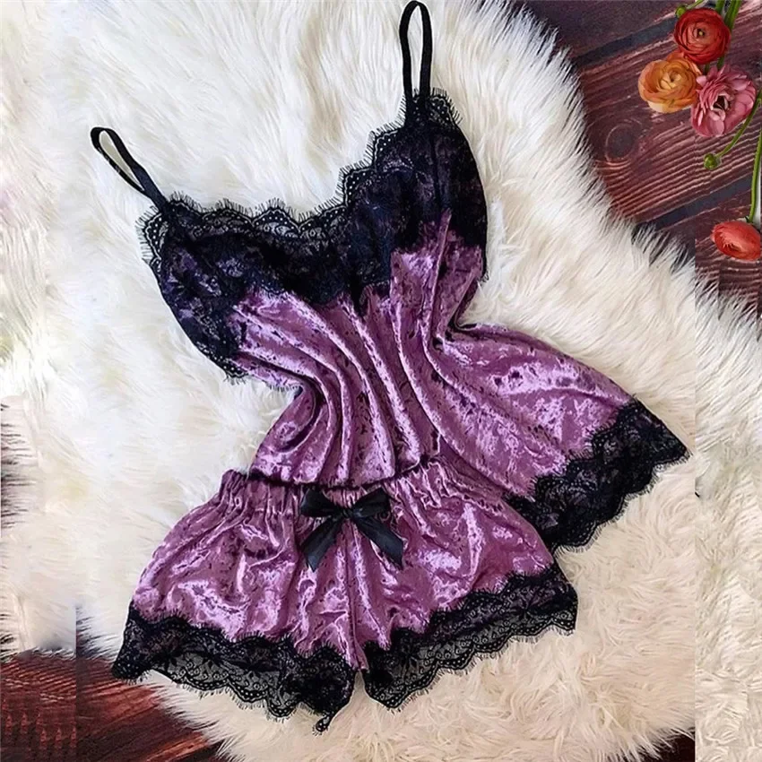 

2024 New Pyjamas Women Velvet Bow Sleepwear Sleeveless Strap Nightwear Lace Trim Cami Top Pajama Sets Femme Sexy Lingerie