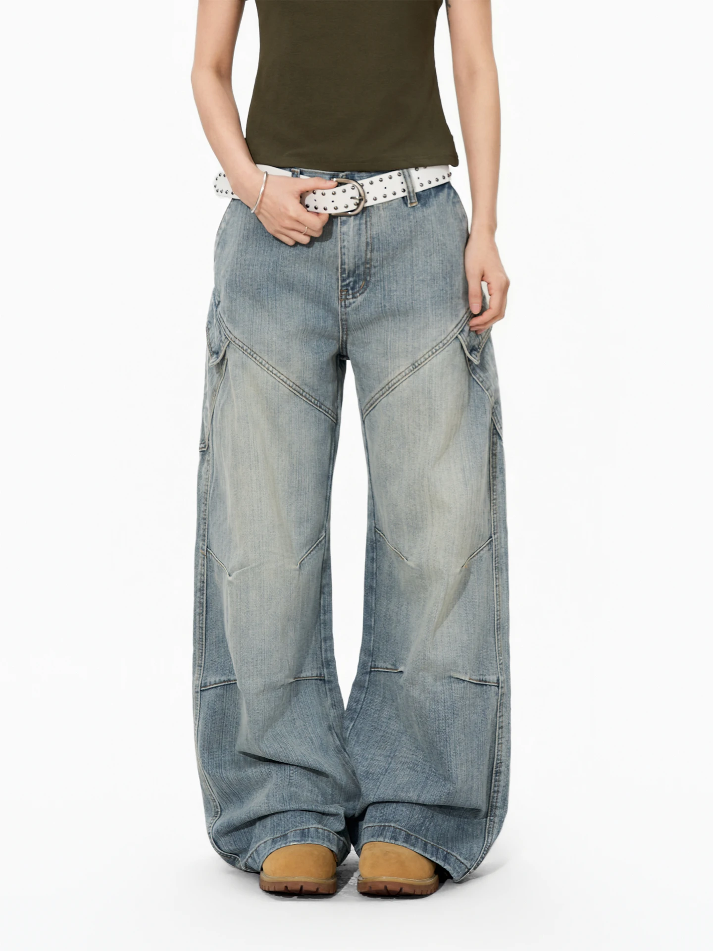 

Washed Ice Blue Wide Leg Jeans Loose Straight Casual Pants Men Women American Pocket Design Bamboo Texture Denim Jeans