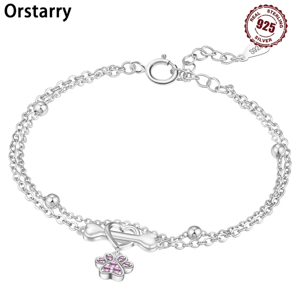 

New 925 Sterling Silver Pink Bone Tassel Animal Pet Paw Print Bracelet Chain Link Women Bracelet Birthday Festival Jewelry Gifts