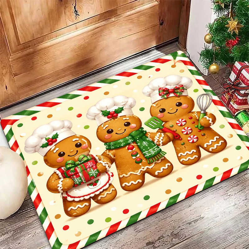 Gingerbread Chef Holiday Kitchen Rug Cream Candy Cane Border Non Slip Carpet For Christmas Season Home Entrance Decoration