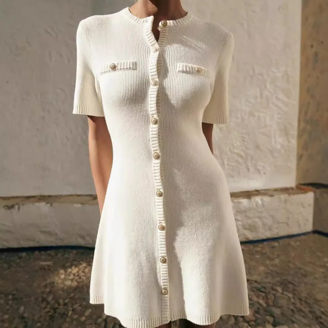 

Women Knitting Single-breasted Dress 2026 Spring Autumn Women's Slim Fit Knit Mini Dress Button A Line Dress Fake Pockets
