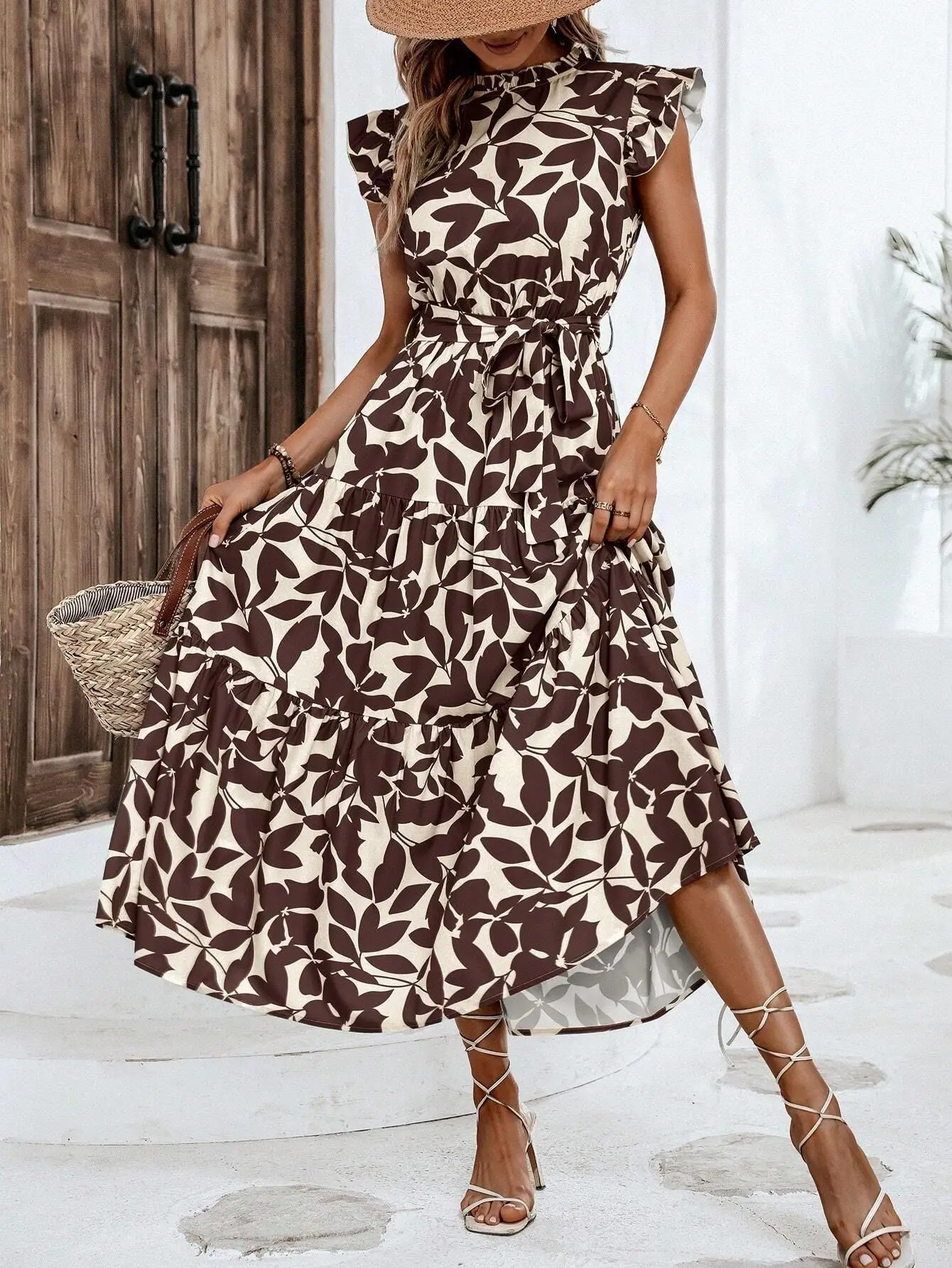 

2024 New Women's Lace Up Printed Fairy Dress Ladies Fashion Wooden Ear Edge Flying Sleeves Long Dresses Summer