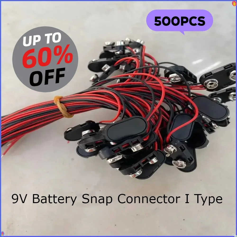 

500pc 9V Battery Snap Connector on Strap Clip 9 Volt I Type Hard Shell Buckle Holder 15cm Lead Wire Battery Snap Cable Connector