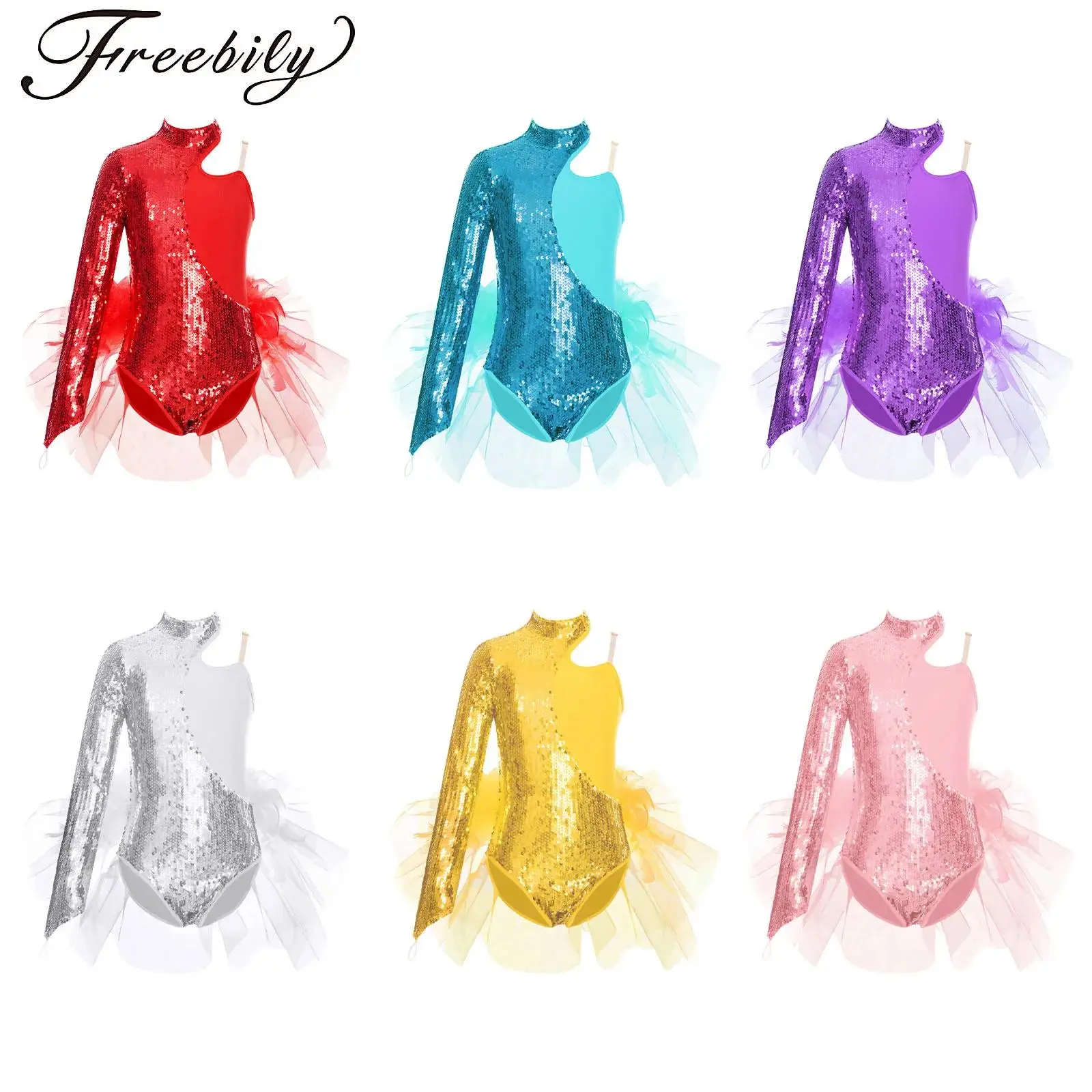 

Girls Sparkly Sequin Ballet Leotard Feather Tutu Tulle Skirted Jumpsuit Long Sleeve Gymnastics Figure Skating Bodysuit Costumes