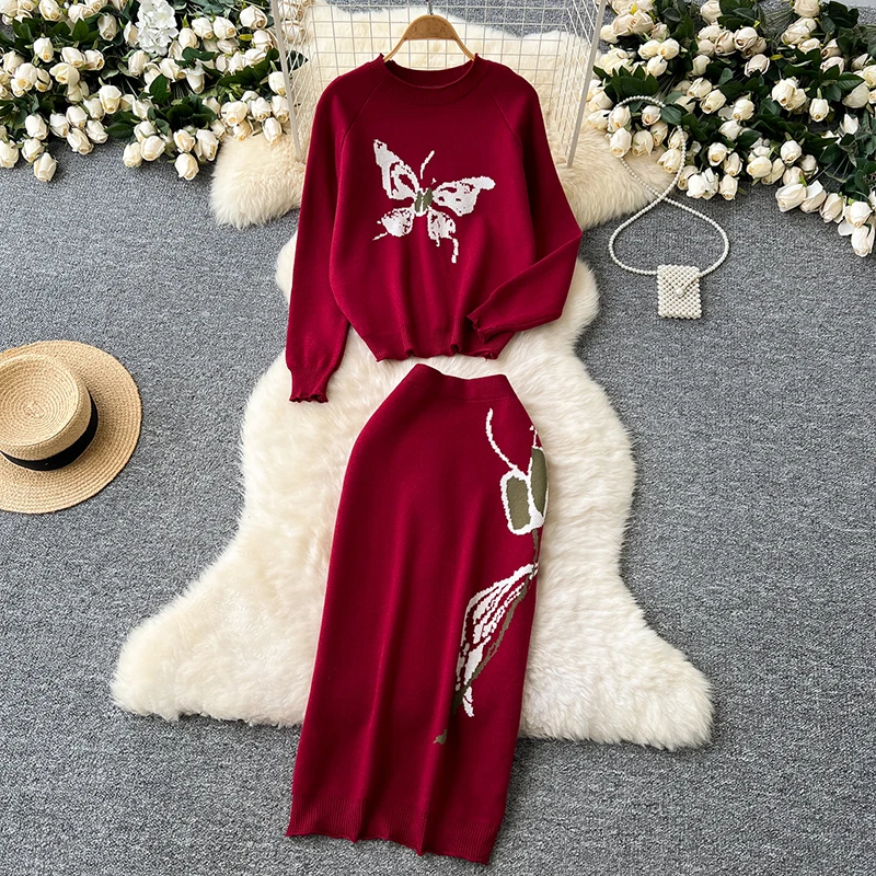 

EVNISI Women Casual Butterfly Print Two-Piece Knit O-neck Sweater A-line Skirt Set Long Sleeved Pullover+High Waist Skirt Set